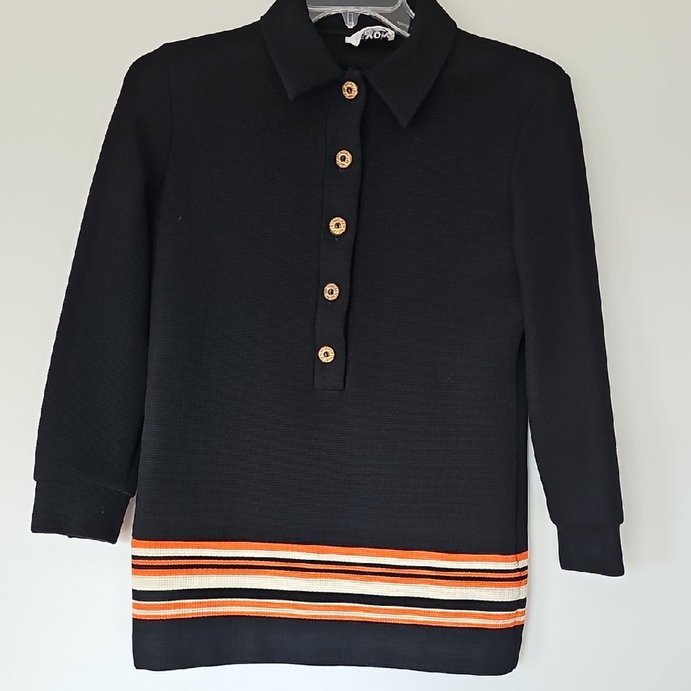 Devon Vintage Black 5 Button Pullover Shirt w/Orange & Cream Striped Hem